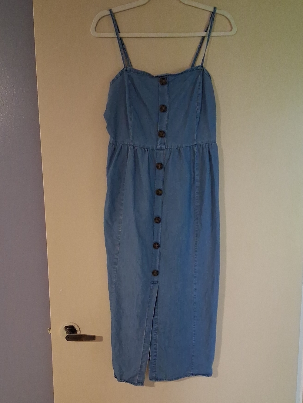 Light Blue Denim Button-Front Midi Dress with Spaghetti Straps